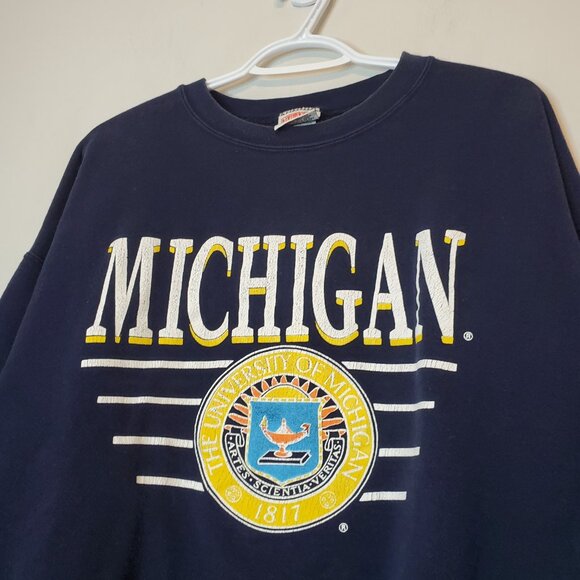 Vintage 90s Michigan University Nutmeg Crewneck Sweater Blue Size XL - Picture 3 of 4
